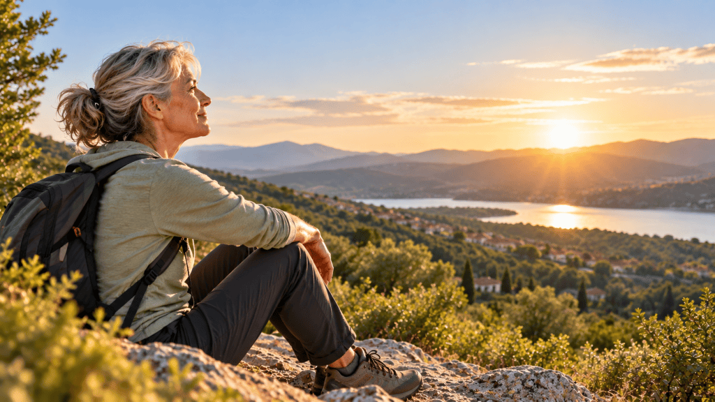 Femme de plus de 50 ans profitant d'une randonnée en pleine nature, illustrant le maintien de l'autonomie et de la qualité de vie malgré les douleurs chroniques.